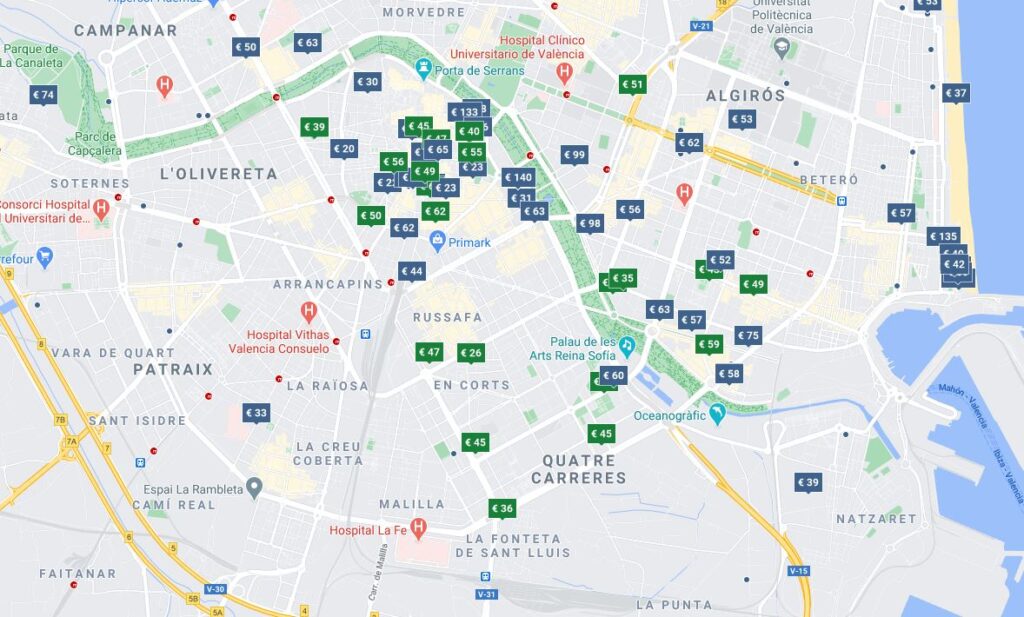 Overnachten in Valencia kaart van hotels/ Hostels in Valencia