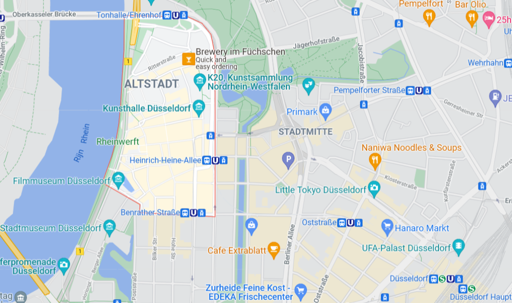 Altstadt Dusseldorf kaart